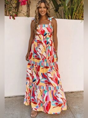 Multicolor Tie-Shoulder Maxi Dress